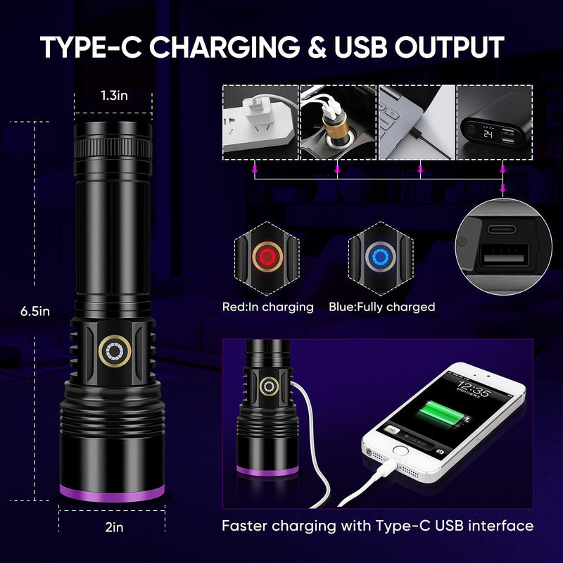 30W 365nm UV Flashlight USB Rechargeable UV Light High Power Black Light Flashlight for Pet Urine Detection, Resin Curing, Minerals, Blood tracking, Scorpion, Rockhounding,Yooperlites, A/C Leak Detect