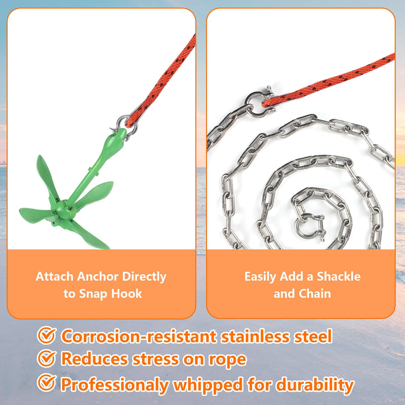 Anchor Rope 50 ft x 3/8 inch, Premium Solid Braid MFP Anchor Line, Boat Anchor Rope with 316 Stainless Steel Thimble & Shackle, Orange and Black Orange&Black 3/8inch x 50ft