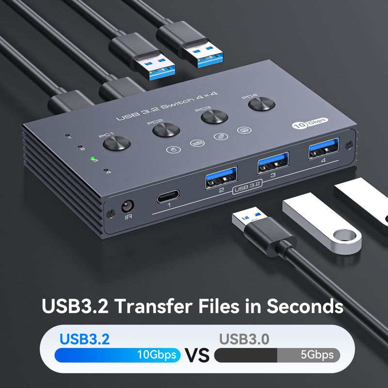 USB 3.2 Switch Selector 4 Computers Share 1 USBC & 3 USBA Devices 10Gbps 4 Port USB Switcher Sharing Keyboard Mouse Printer Scanner with Cable and Remote Control and a dapter USB 3.2