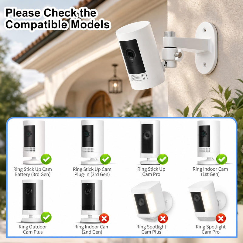 2Pack Camera Wall Mount Bracket for Ring Stick Up Cam Ring Outdoor Cam Plus Indoor Cam,360° Adjustable Wall Bracket with Perfect View Angle for Home Security Camera System (White)