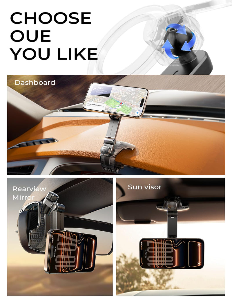 360 Degree Rotation Dashboard Car Phone Holder, Clip on Dashboard Cell Phone Holder for Driving Navigation, Magsafe Magnetic Car Mount for Rearview Mirror, MagSafe Dash Mount for iPhone 16 15 14 13 12 Sliver