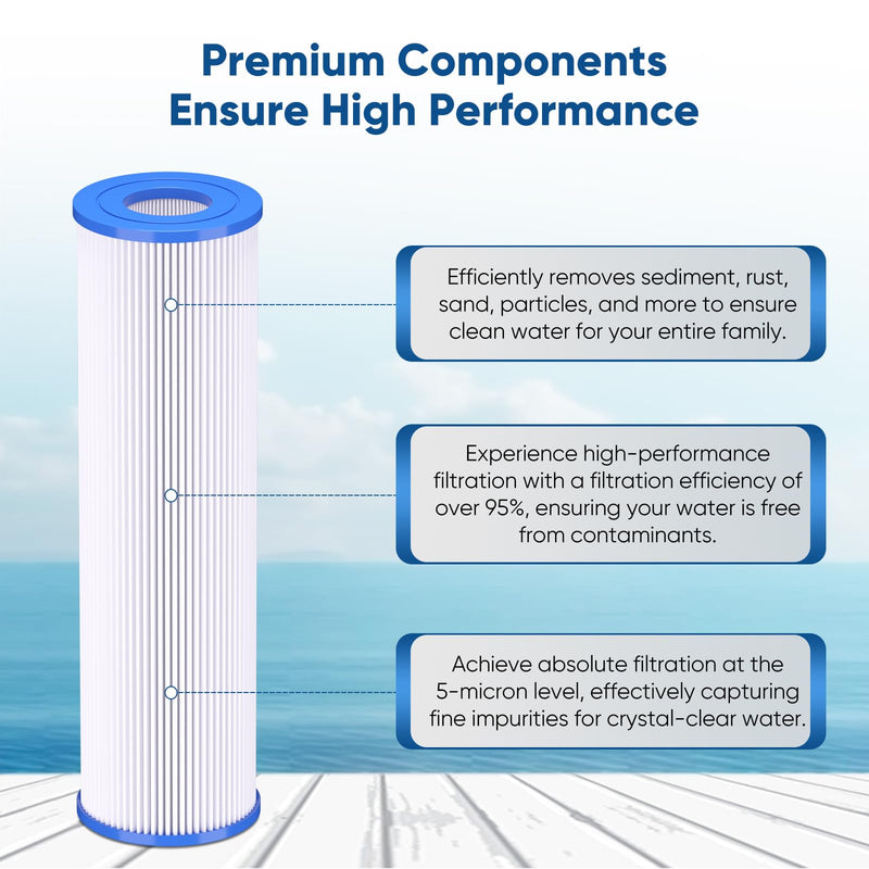 PUREPLUS 5 Micron 10"x2.5" Whole House Pleated Sediment Filter for Well Water, Replacement Cartridge for Universal 10 inch RO System, W50PE, WFPFC3002, SPC-25-1050, FM-50-975, 801-50, WB-50W, 4Pack 4 Count (Pack of 1)