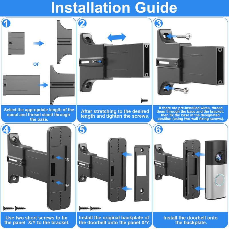 Adjustable 2" to 4.7" Doorbell Extender Mount for Ring Newest 2026 Battery/Blink/Tapo/Orbitell Video Doorbell, Universal Doorbell Angle Camera Mount, Brick Wall Mounting Bracket Holder for Wider View Ring doorbell mount