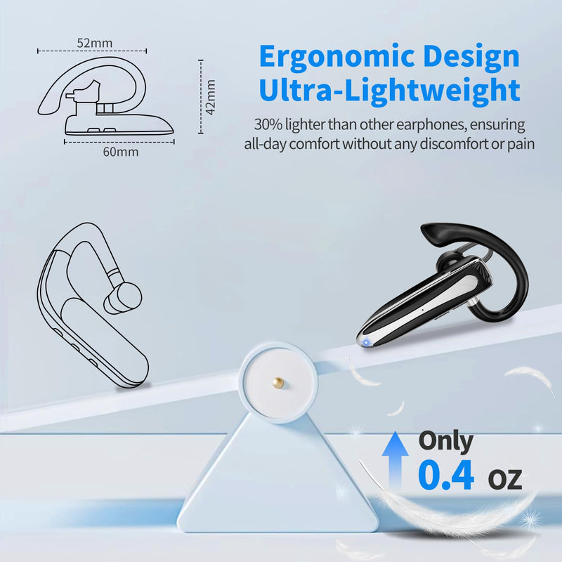 Bluetooth Earpiece V6.1, Wireless Handsfree Headset with Mic, CVC8.0 Noise Canceling for Calls Business Single-Ear Earphone, 24 Hrs Driving Headset for Android, iOS, Laptop, Office, Truck Driver Obsidian Black