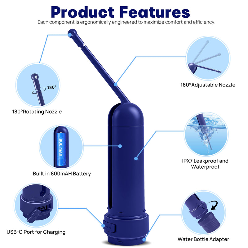 Portable Bidet for Travel with 180ml Bottle and Universal Adapter, 800mAh Battery for Upto 150 Uses on Full Charge with USB-C Cable, IPX7 Leakproof, 3 Pressure Modes Electric Travel Bidet