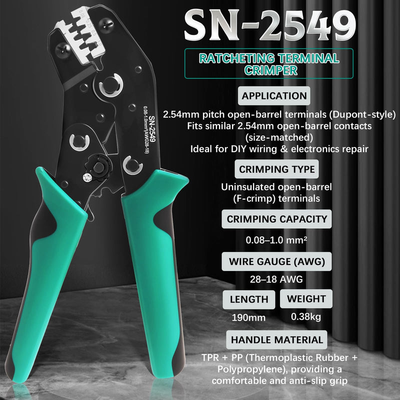 SN-2549 Dupont Crimper, 1290PCS 2.54mm Dupont Connector Kit with Ratcheting Open Barrel Terminal Crimping Tool, 28-18 AWG, White & Black Housings, Male Female Terminals, Headers & Ribbon Cable