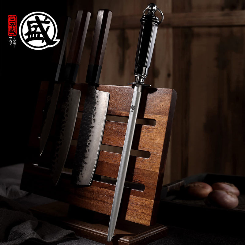 MITSUMOTO SAKARI 10 inch Japanese Honing Steel - Flat Diamond Knife Sharpening Rod, Professional High Carbon Sharpener with ABS Handle & Powerful Magnet Flat Sharpening Rod