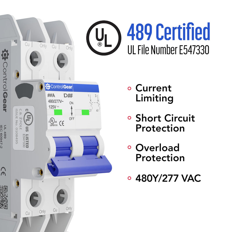 Mini Circuit Breaker UL489 Listed 10A D Curve 480Y/277VAC 125VDC 10kAIC DIN Rail Mount Non Polarized MCB Branch Circuit Protection, ControlGear CGMB2D10 (2 Pole D Trip 10 Amp) 2Pole "D"trip 10 Amps