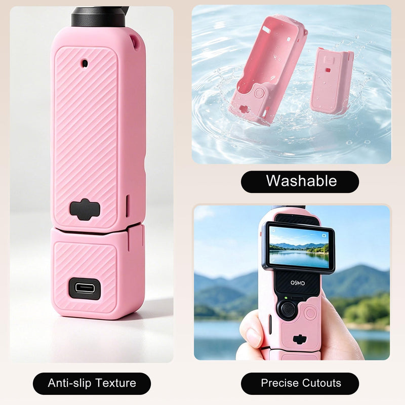 Soft Silicone Protective Case Set for DJI Osmo Pocket 3/Xtra Muse Camera, Anti-Scratch Lightweight Full Coverage Pocket 3 Case Cover Skin with Screen Protectors & Mic Cover Sleeve, Pink