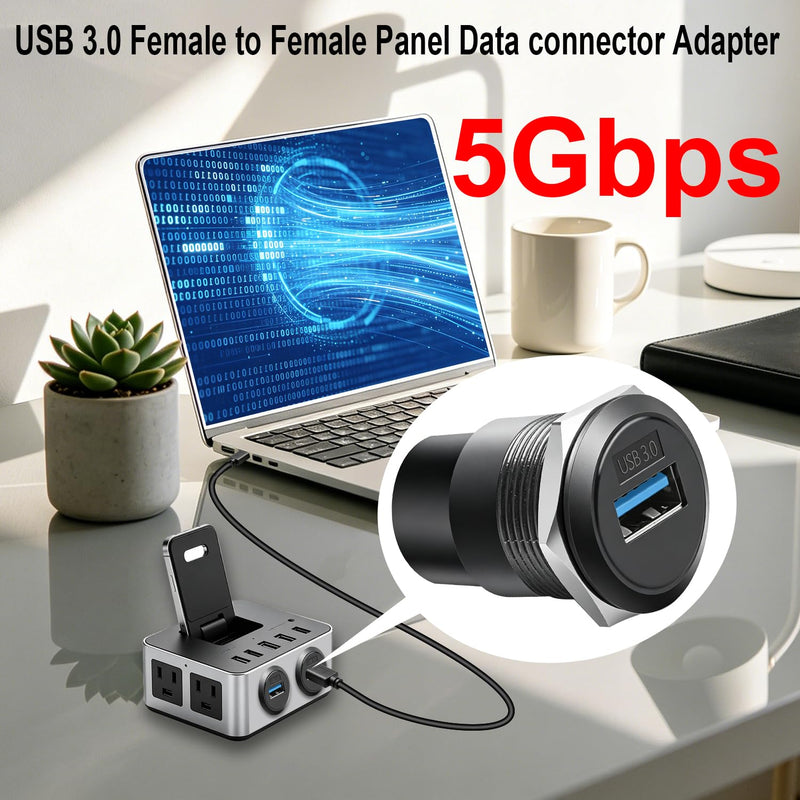USB 3.0 Threaded Fixed Mount Adapter, USB Type A Female to Female Embedded Panel Mount Adapter, Socket to Socket Pass-Through Coupler 5Gbps Data 5V/1A Charger