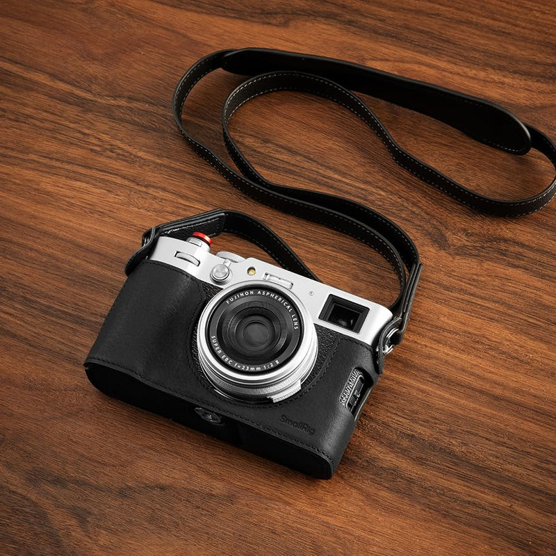 SMALLRIG Retro Half Leather Case for Fujifilm X100VI with Neck Strap, Black | Genuine Leather Half Case with Aluminum Alloy Frame and Shoulder Strap