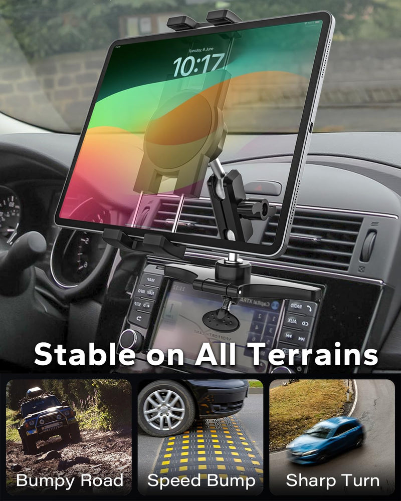 GDZN Car CD Slot Tablet Mount for 4.7"-13" iPad & Phone, Sturdy Metal Arm | Ultra Durable Anti-Shake CD Player Holder, Safe Unobstructed View, 360° Rotation Universal Cradle with Soft Silicone Pads