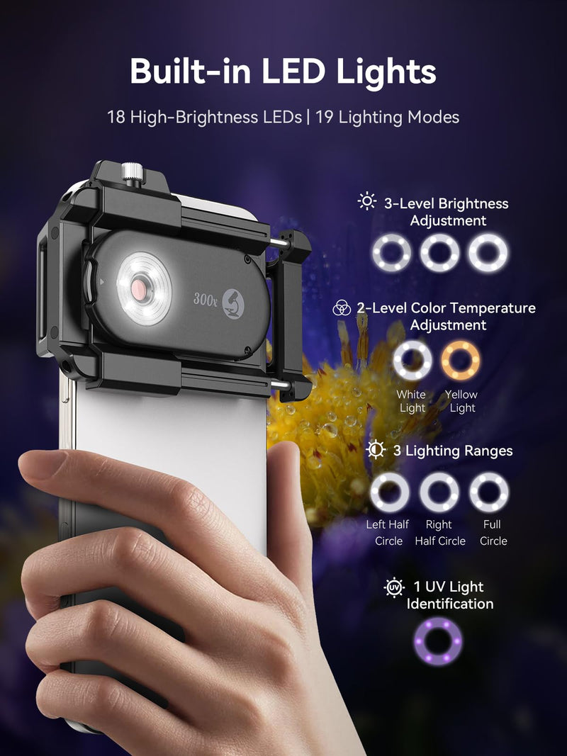 MIAO LAB 300X Phone Microscope Lens, Phone Camera Micro Lens with Universal Clip/LED Light/CPL, Mini Pocket Microscope Attachment for iPhone 17/16/15/14/13 Series and Most Smartphone MS300(300X) MS300 (300X)