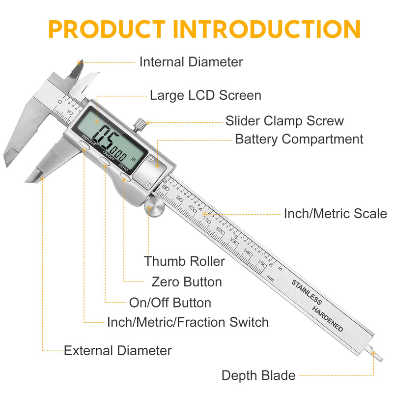 Digital Caliper, Sangabery 6 inch Stainless Steel Caliper Measuring Tool with Inch/Metric/Fractions Conversion and Large LCD Display, Perfect for DIY, Household and Professional Use 20-F