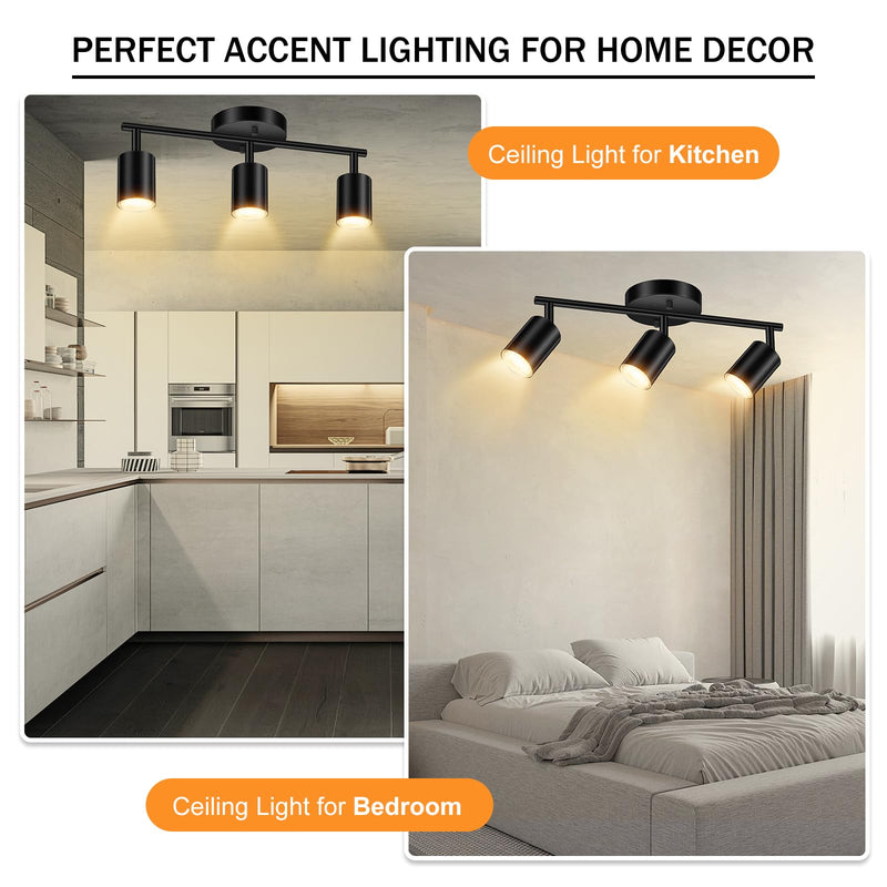 LED Track Lighting Fixtures Ceiling, Black 3-Light Track Lights for Kitchen, 3 Way Ceiling Spotlight, Flexibly Rotatable Wall Mount Light Head for Bedroom Hallway, Bulb Not Included 3-Light Track Lighting