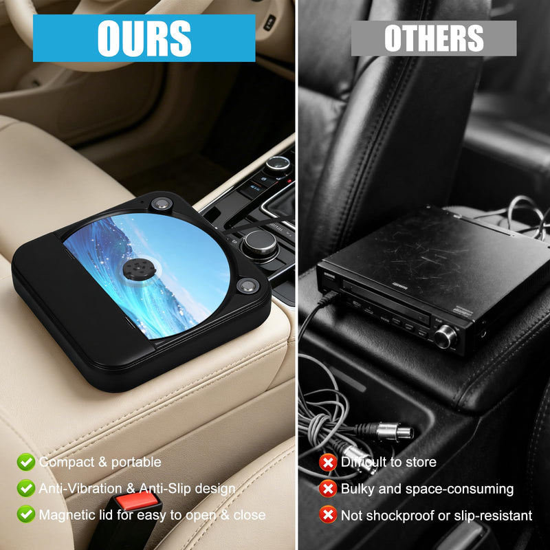 Portable CD Player for Car, External Car CD Player (Black) | USB Plug and Play, AUX Port, USB Extension Cable, Personal CD Players for Laptop/Computer/TV Black