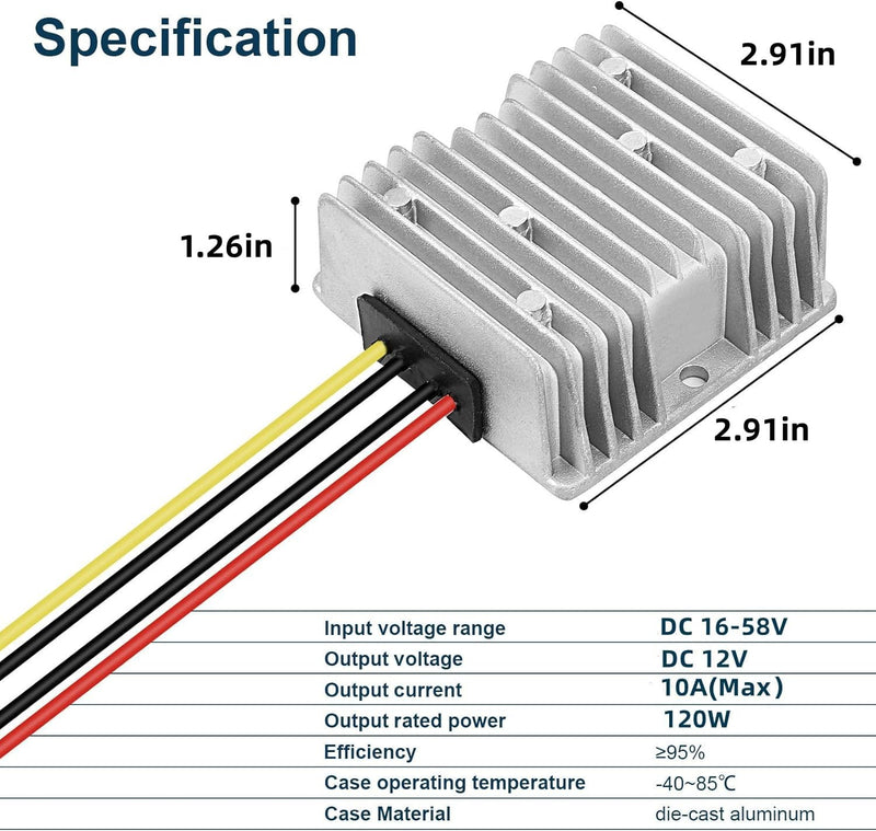 10A 120W Golf Cart 18V 20V 24V 36V 48V Step Down to DC 12V Converter Voltage Regulator Reducer Power Buck Converter Waterproof Transformer(DC 16-58V Inputs 16-58V to 12V 10A 120W