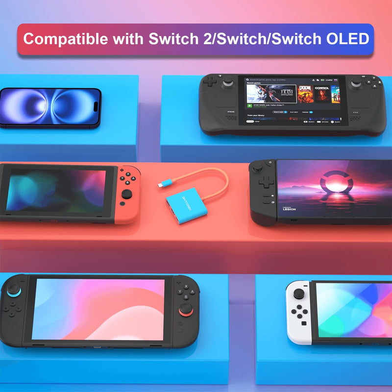 Switch 2 TV Dock fo Switch 2/Switch/Switch OLED, Portable TV Docking 3-in-1 USB C Hub with 4K@60Hz HDR, USB-A Port,100W Fast Charging
