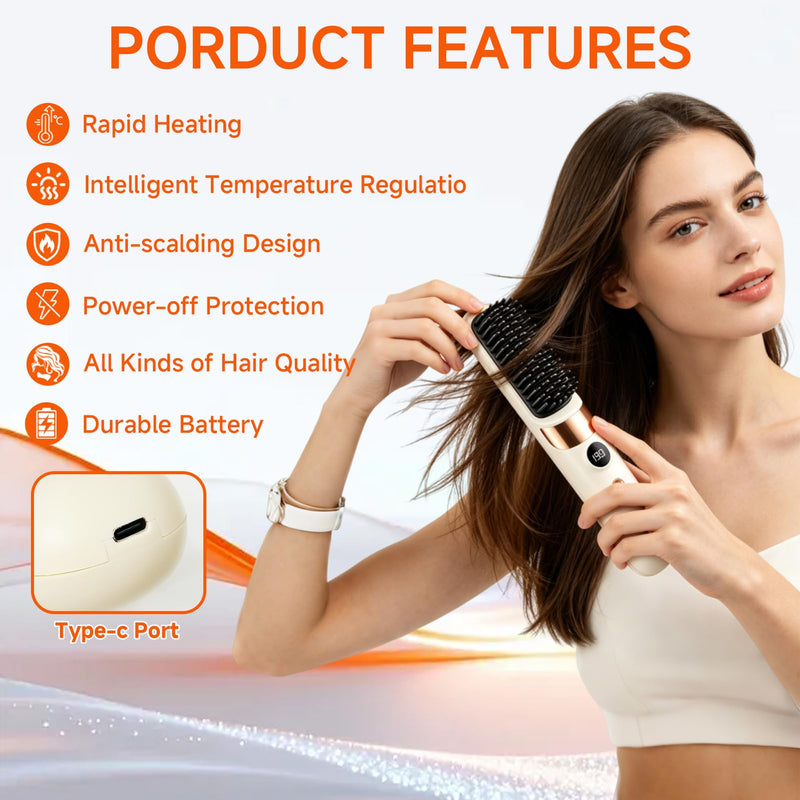 5-in-1 Cordless Hair Straightener Brush, Go Brush Pro USB Rechargeable Hot Brush, 4 Heat Settings Hair Styling Brush with Negative Ion, Portable Heated Brush for Travel & Everyday Use