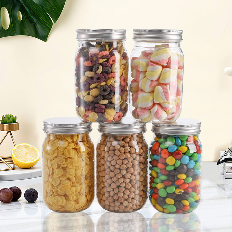 Tebery 12 Pack Clear Plastic Mason Jars with One Piece Lids, 16OZ Mason Cocktail Cup Shatterproof Drinking Jar, Refillable Empty Slime Storage Containers for Overnight Oats, Honey, Spices and Herbs 16Oz-12