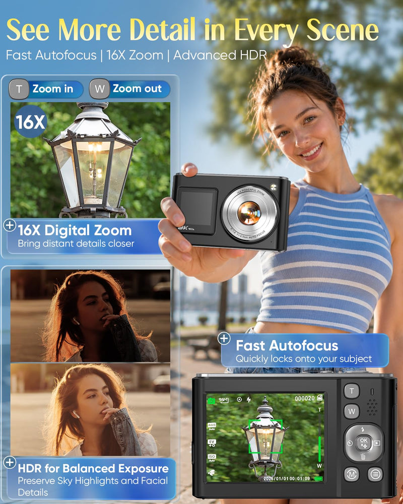 8K Digital Camera for Photography,96MP WiFi Dual Screens Vlogging Camera | Autofocus,16X Zoom,Anti-Shake,Compact Point and Shoot Camera for Teens,Beginners,Travel,32GB Card,2 Batteries Black