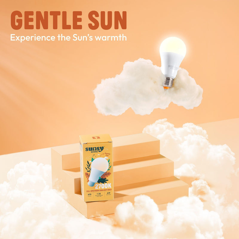 sunsy Shine A19 Full-Spectrum LED, 2700K Soft White, CRI 97, Flicker-Free | E26 base, dimmable, 670 lm at 11W, ETL & FCC certified, low-EMF, no UV or IR, 25,000-hr lifespan, 3-yr warranty, US-based