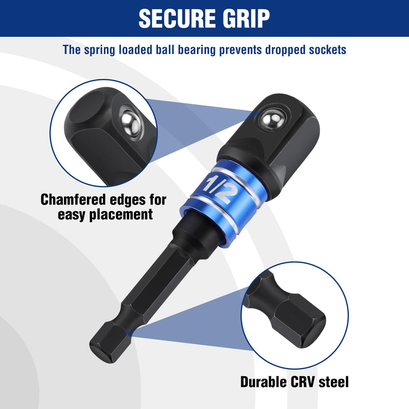 WORKPRO Impact Grade Socket Adapter Set, 1/4", 3/8", & 1/2" Drive, Extension Driver Bit With Holder, for Power Drill to High Torque Impact Wrench 3PCS
