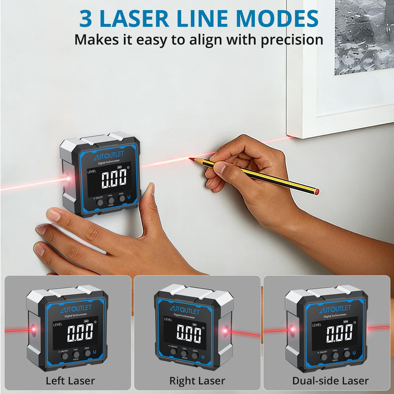 AUTOUTLET Digital Angle Finder with Dual Laser Lines, Rechargeable Type-C Magnetic Angle Gauge, 4x90° Range ±0.1° Accuracy, Backlit LCD Display, Auto Flip Reading, for Woodworking, Construction & DIY