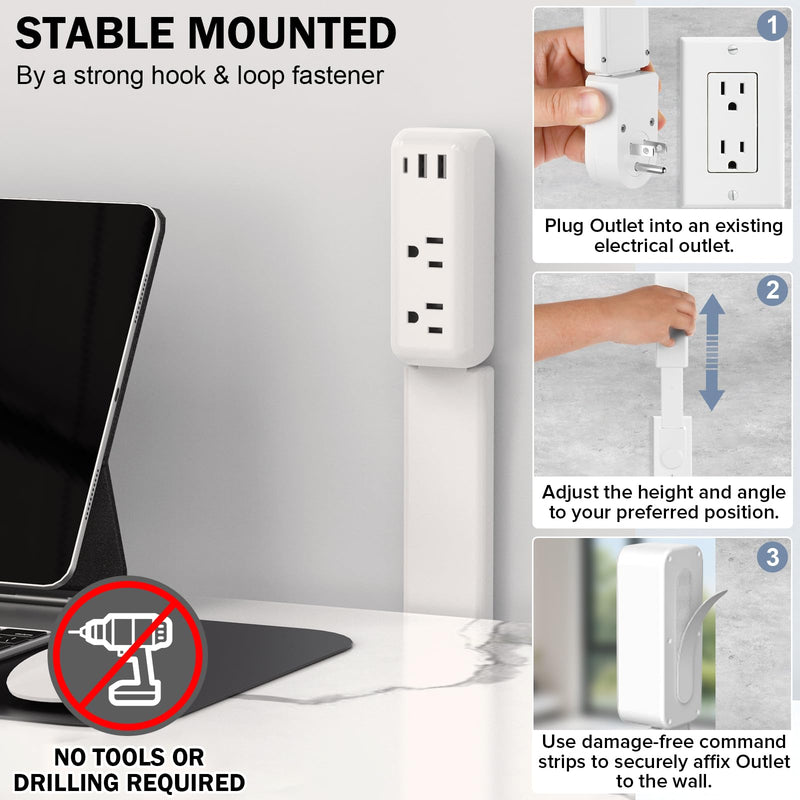 Extendable Electrical Outlet Extender Stick, 2 AC Outlets with USB-A & USB-C Ports, 22"-34" Adjustable Length, 180° Rotatable Wall Power Socket Expander for Nightstand, Sofa, Desk Hard-to-Reach Plugs