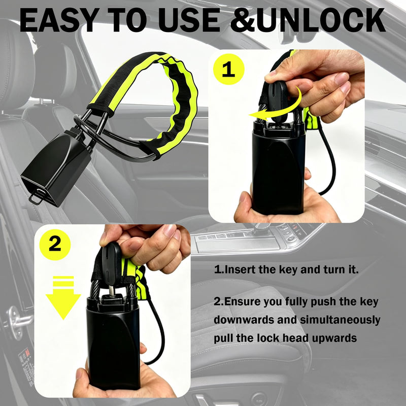 Steering Wheel Lock with Seat Belt Lock – Double Anti-Theft, High Visibility Reflective Strip, 3 Keys, Universal Fit for Cars, SUVs, Vans, Yellow and Black