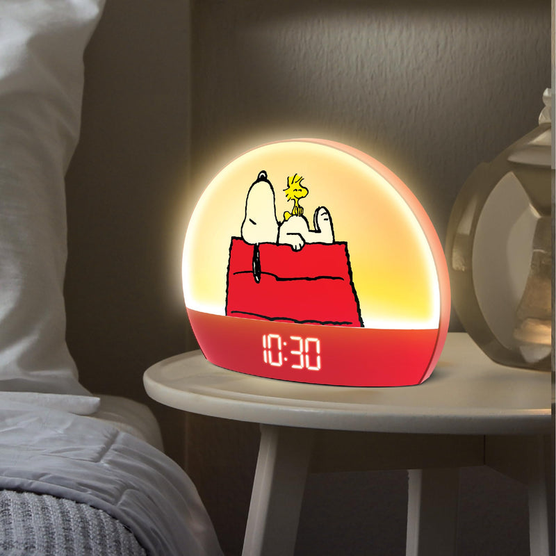 Peanuts Snoopy Sunrise Alarm Clock – Vibrant Snoopy Edition with Multicolor Lights, USB Charging, LED Display, Gentle Wake-Up Simulation, and Handy Snooze Function, Red