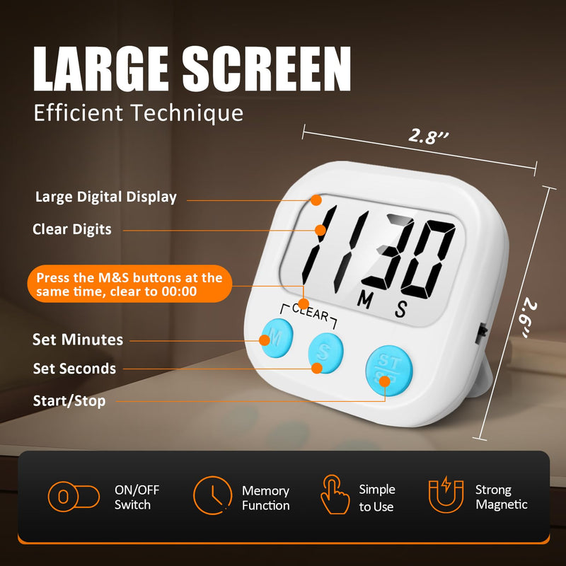 12 Pack Digital Kitchen Timers for Cooking Magnetic Timer for Cooking Loud Alarm White 6