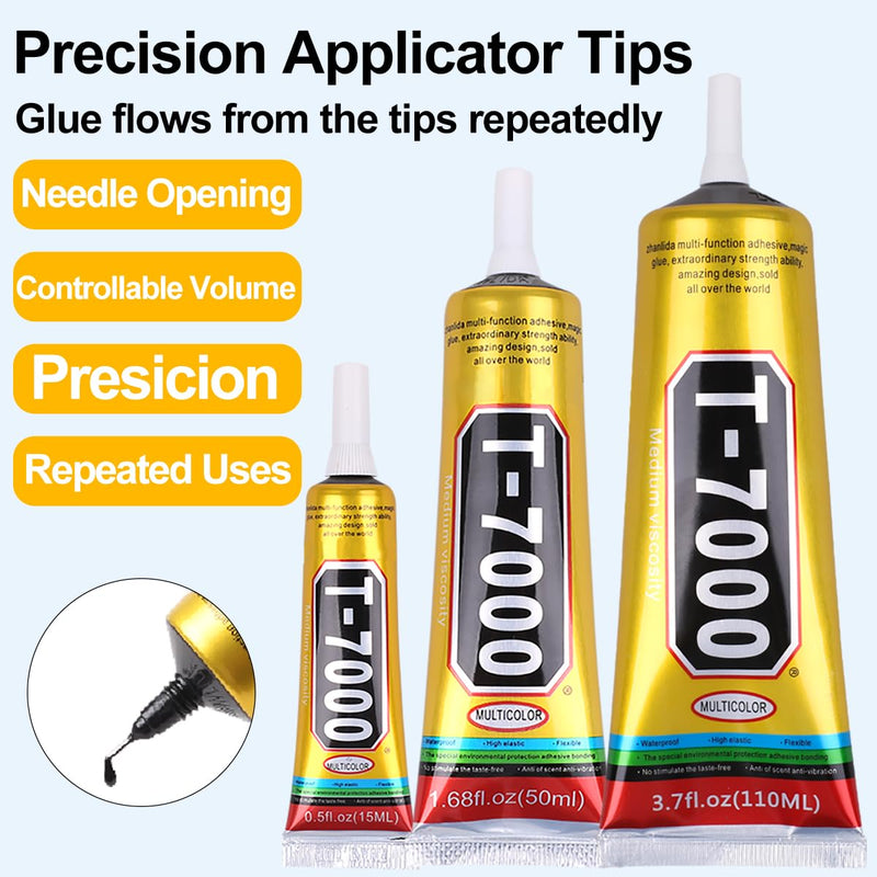 T7000 Black Glue for Cell Phones Mobile Repair Tools kit with Precision Tip, 4Pcs 15ml 50ml 110ml Waterproof Glue Speaker Earphone Electronics Computer Tablets LCD Screen Super Adhesive T-7000 Sealant 4Pcs Bulk T7000 Black Glue with repair tools kit
