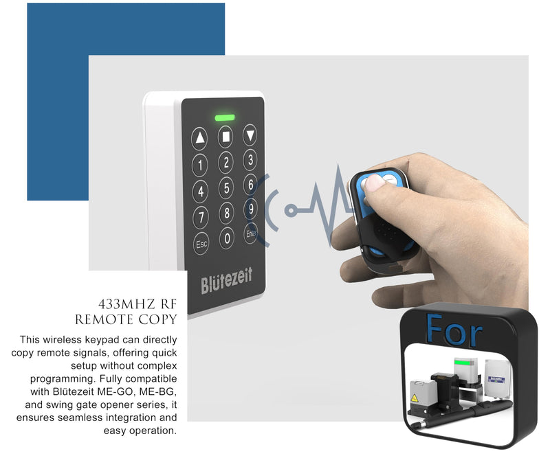 Blütezeit Wireless Keypad with IP54 Waterproof Cover for 433MHz Gate Openers, Secure PIN Code Access System, Compatible with Automatic Sliding & Swing Gate Operator Motors Wireless MWK30