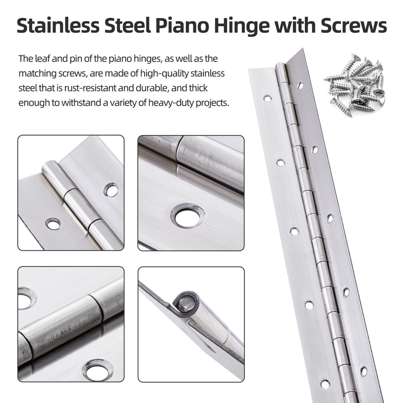 Heavy Duty Piano Hinge 48 Inch x 1.5 Inch Stainless Steel Continuous & Piano Hinges with Holes, 48" Continuous Hinges for Cabinet, Door, DIY Wood Boxes, 0.060" Leaf Thickness, 1.5" Open Width Silver