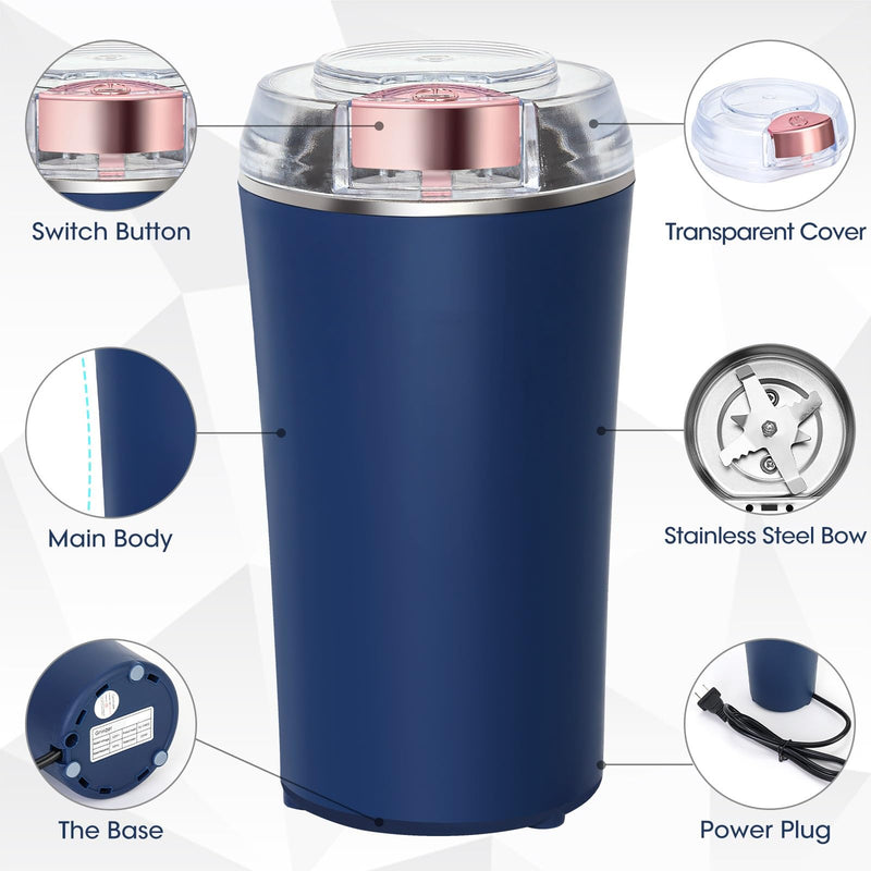Electric Herb Grinder 200W Powerful Fast Grinding for Dry Spices Flower Buds with Brush, Easy On/Off One-Touch Push Button Powder Grinder Perfect For Herbs, Spices, Nuts, Grains and Coffee Beans Blue