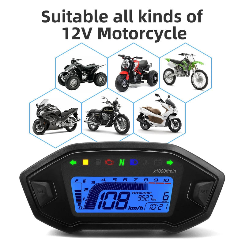 KAOLALI Motorcycle Speedometer Tachometer Universal 13000rpm LCD Digital Odometer Gauge Adjustable 7 Colors for 2,4 Cylinders