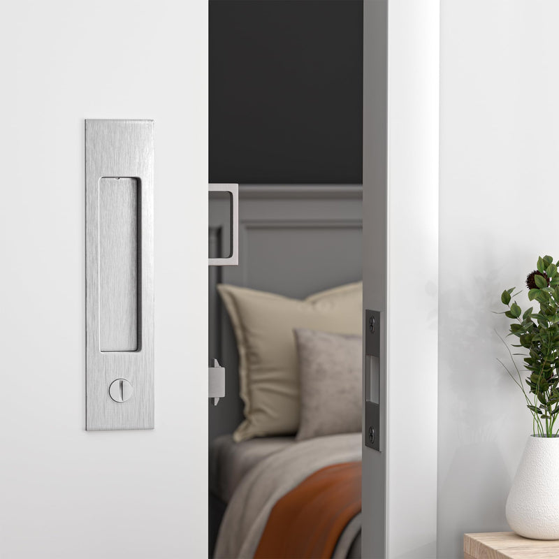 Dontay Pocket Door Handle and Edge Pull, Narrow Modern Rectangular Keyed Entry Function, Recessed Sliding Door Hardware for 1 3/8” to 2 3/16” Thickness Door (Privacy Lock, Brushed Nickel, 1 Pack) Privacy Lock
