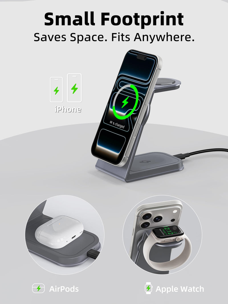 TRIBONE 3 in 1 MagSafe Wireless Charging Station for iPhone Watch AirPods | Qi2 certified 15W fast magnetic charging. For iPhone 17/16/15/14/13/12, AirPods Pro, Apple Watch Ultra.