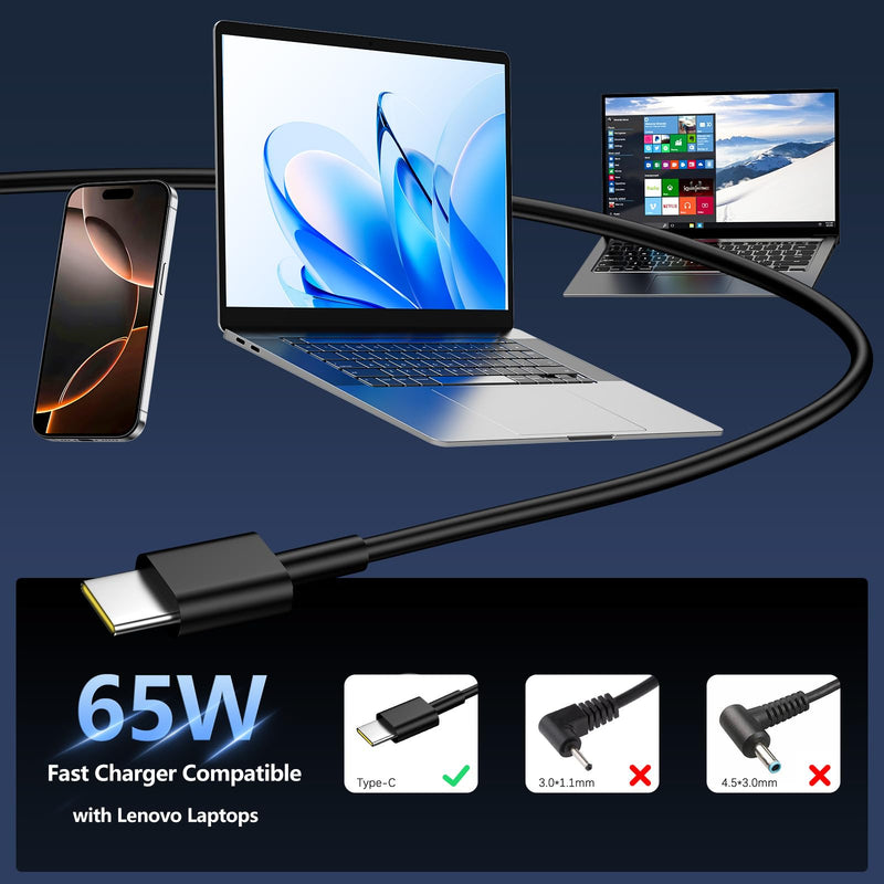 Replacement for 65W Lenovo Laptop Charger USB C | for Lenovo ThinkPad X1 X13 T14 T15 E14 E15 T480s T580s T490 E480, Yoga 7i 9i, Thinkbook 13s 14 15 16 Plus G4 Power Adapter