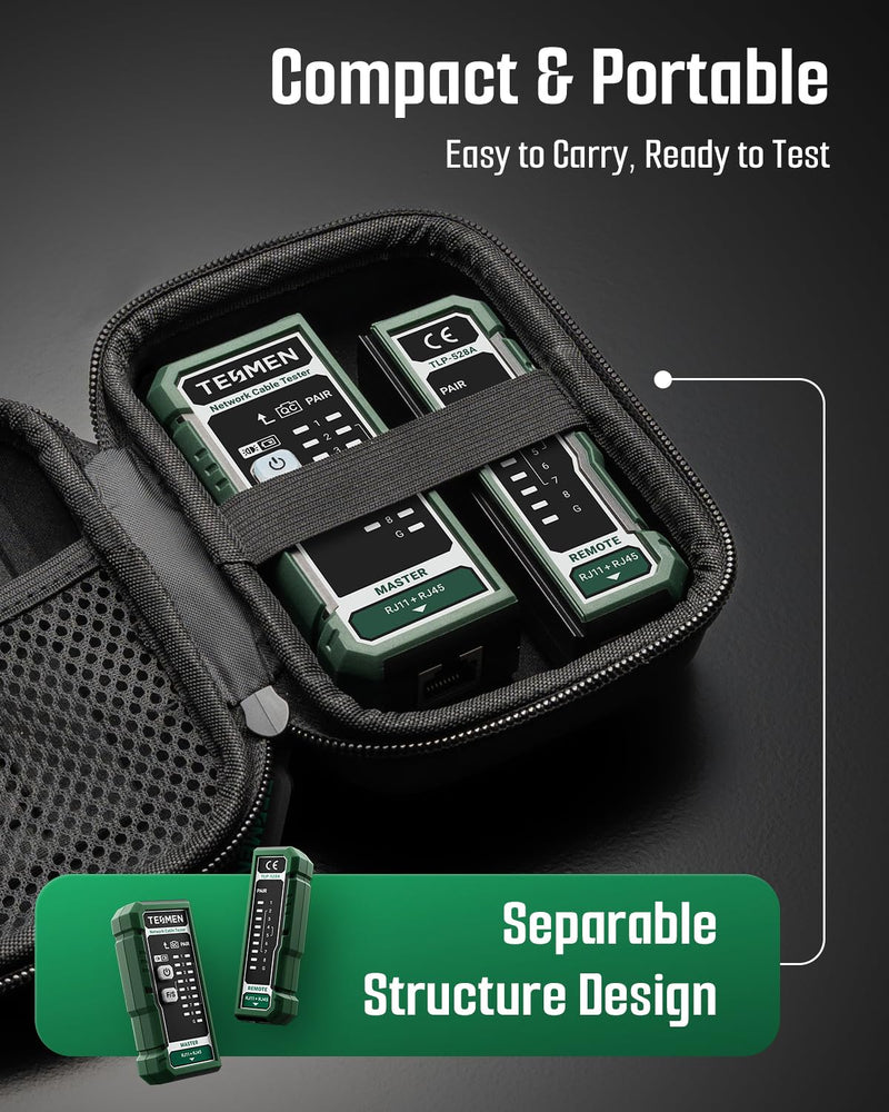 TESMEN TLP-528A Network Cable Tester for RJ11 RJ45, Ethernet Wire Tester for LAN & TEL Continuity and QC Test, for CAT5/CAT6/CAT7, Suitable for Cable Maintenance and Sorting - Green