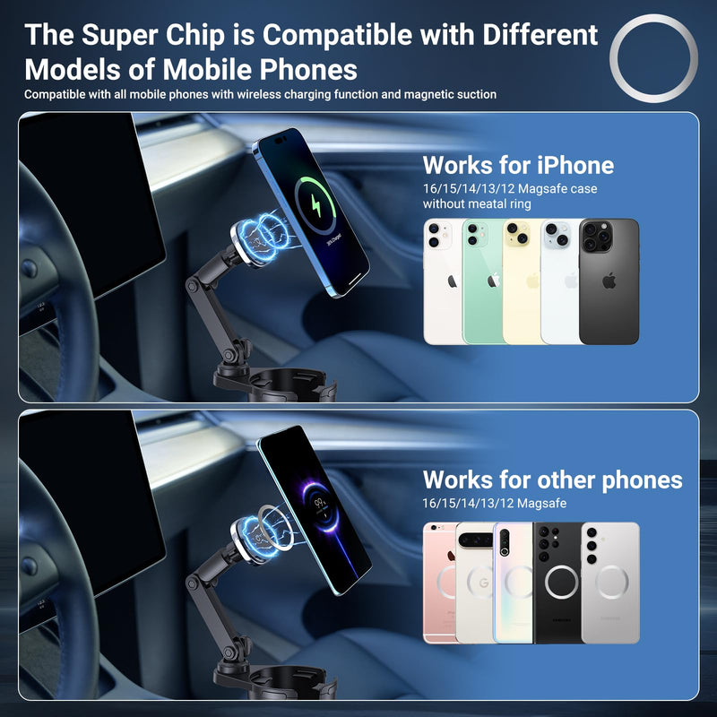 This Hill for Magnetic Cup Holder Charger, 360° Rotating Wireless Magnetic Car Charger, Fast Charging Phone Holder for iPhone 17 16 15 14 13 12 and Samsung Galaxy S20 Above Series [With QC 3.0 Adapter