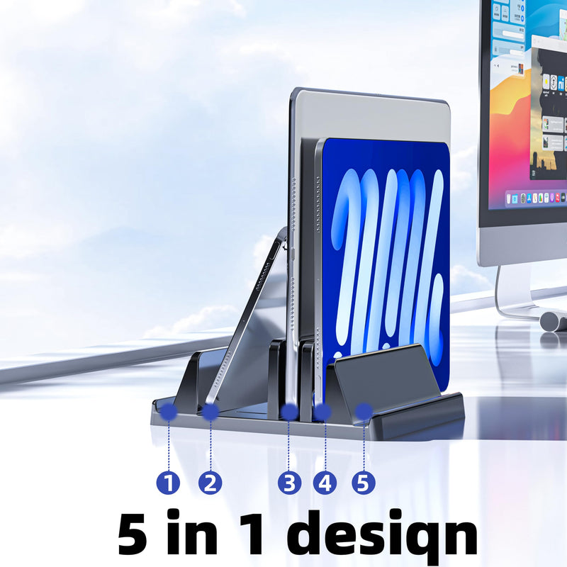 Vertical Laptop Stand Holder Plastic Adjustable Desktop Notebook Dock Space-Saving 5 in 1 for All MacBook Pro Air, Mac, HP, Dell, Microsoft Surface, Lenovo (Black Aggravation)