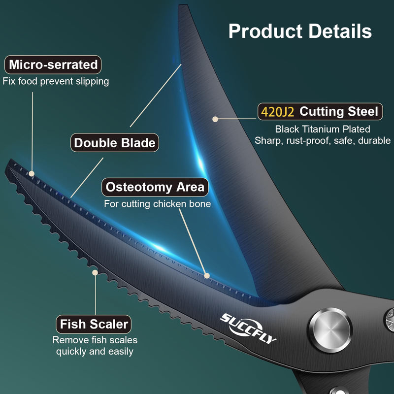 Kitchen Shears Heavy Duty, Premium Kitchen Scissors Stainless Steel, 8.8" Poultry Shears Ultra Sharp for Bone Chicken Meat, Food Scissors Anti-Slip Handle, Black Titanium Plated, Spring Loaded Poultry Shears 10.2 Inch