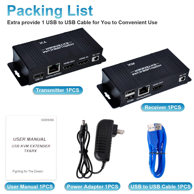 164ft HDMI KVM USB Extender, HDMI to RJ45 Over Cat5e/6/7, Zero Latency 1080p@60Hz USB Keyboard/Mouse Control, Single Power Plug & Play, for Home Theater Outdoor (Transmitter + Receiver)
