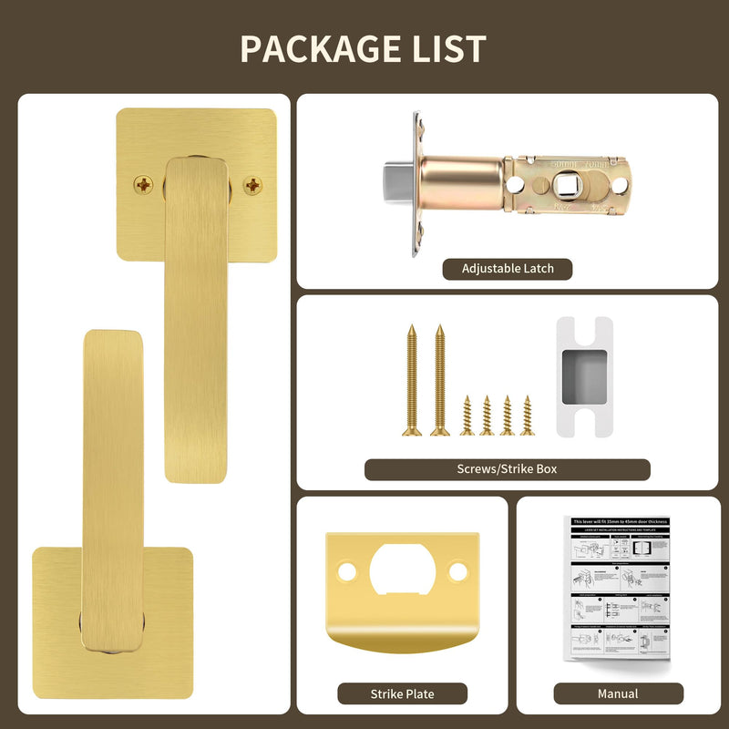 Moquin Passage Gold Door Handle Without Lock or Key, Non-Locking Heavy Duty Square Interior Door Lever for Hallway or Closet, Satin Brass 1 Pack Passage-NO Lock & NO Key