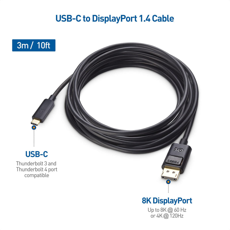  [AUSTRALIA] - Cable Matters 32.4Gbps Bidirectional USB C to DisplayPort 1.4 Cable 10 ft Support 8K 60Hz/4K 240Hz (Thunderbolt 4 to DisplayPort, DisplayPort to USB C Cable) Black - Works with iPhone 15 MacBook XPS