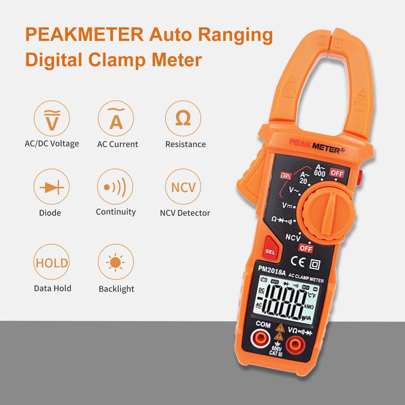 Digital Clamp Meter Auto-Ranging Multimeter Amp Voltage Tester Measure AC Current 600 A, AC/DC Voltage, Resistance, NCV, LPF, Diodes, Continuity and Backlight for Electricians