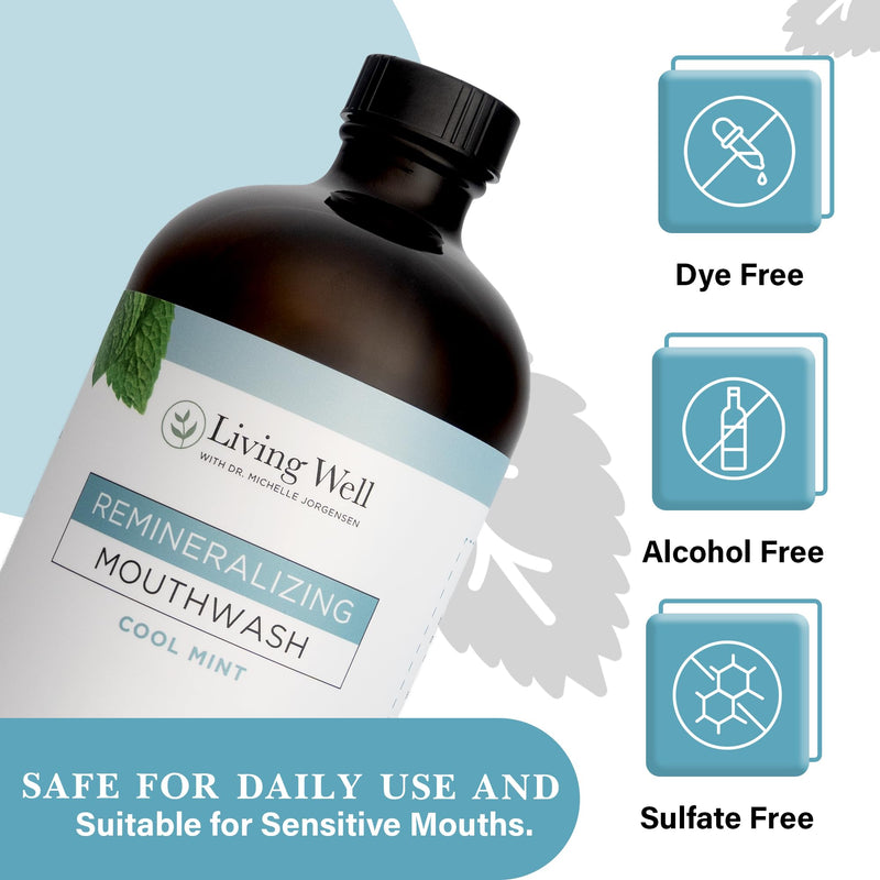 Living Well Dr. Michelle Remineralizing Mouthwash, Cool Mint | Hydroxyapatite & Colloidal Silver Formula, Alcohol-Free, Fluoride-Free, Fresh Breath Support