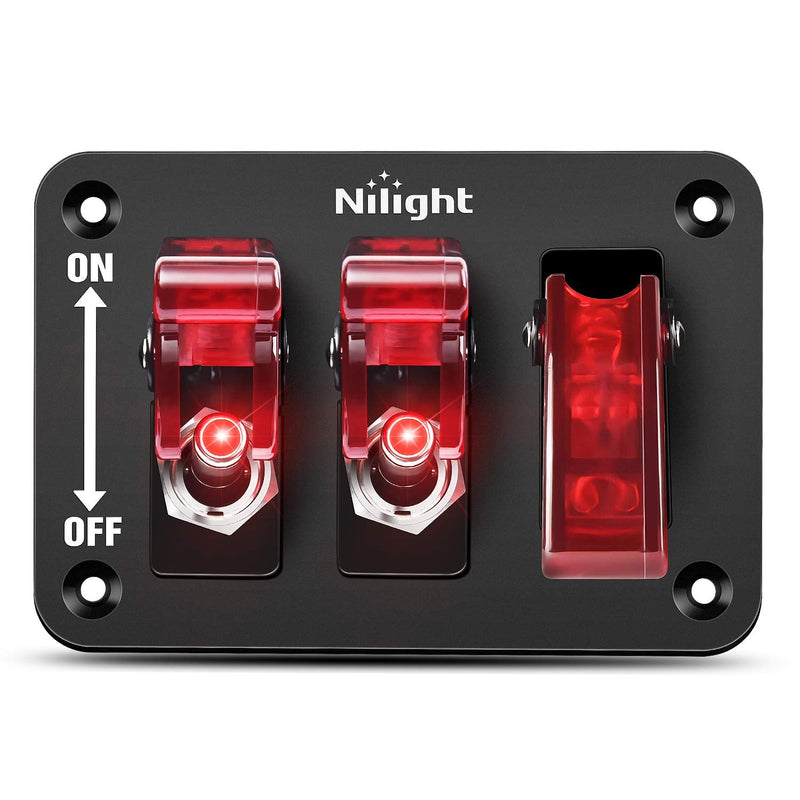 Nilight 3 Gang Toggle Switch 12V Rocker Switch Panel with LED Light and Flip Cover Heavy-Duty ON/Off Switch Plate 3 Pin SPST，2 Years Warranty Red 3 Gang